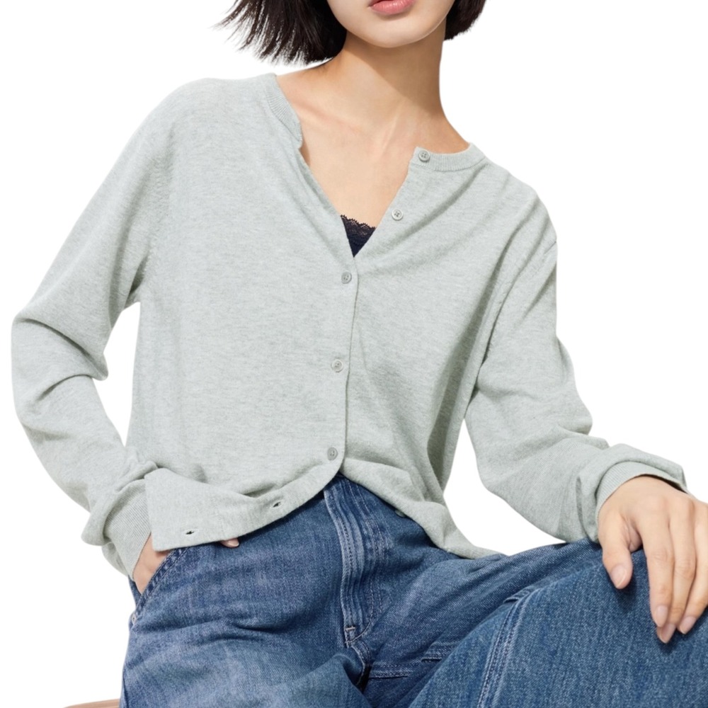Uniqlo Womens XL Gray Cotton Modal Crewneck Button Front Cardigan Quality Basics